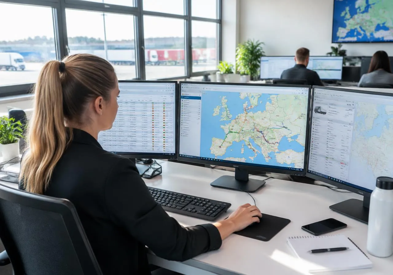Dispečink s monitory a mapou Evropy